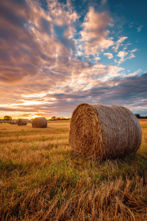 A field of hay bales is illuminated by the warm light of the setting sun. The composition features several cylindrical hay bales resting in a field of dry grass. The sky is filled with colorful clouds, creating a scenic backdrop. This image could be suitable for illustrating agriculture or rural themes.の素材