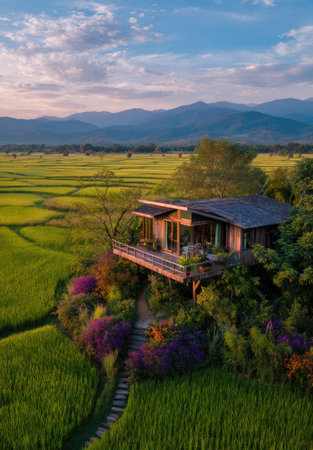An elevated house features a wooden deck overlooking a vibrant green field and purple flowers. The composition includes a stone pathway, trees and, in the distance, a mountain range beneath a sky showing warm sunset colors. This visual is suitable for commercial uses such as travel and environment-related concepts.の素材