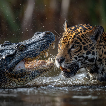 An intense wildlife encounter shows a jaguar and an alligator facing each other in the water. The image displays the animals' textures, from the jaguar's spotted fur to the alligator's scaly hide. Strong lighting emphasizes the details and the moment of potential conflict. This scene may be useful for editorial or commercial purposes.の素材