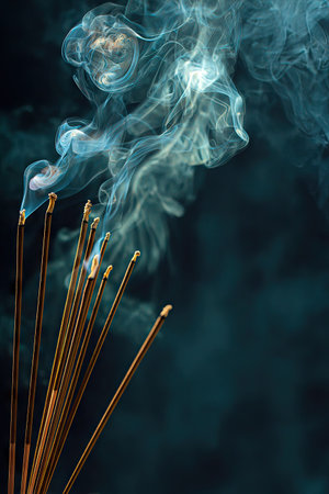 Burning incense sticks emit wisps of smoke against a dark backdrop. The image showcases the smoke's swirling patterns, emphasizing its texture. The composition utilizes low-key lighting, creating a mysterious ambiance. This image can be used for various commercial projects related to spirituality or relaxation.の素材