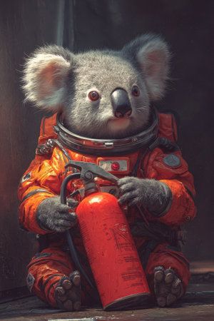 A koala wearing a vibrant orange spacesuit is depicted holding a red fire extinguisher. The image presents a creature in a technological setting with a soft, textured appearance. The lighting suggests an enclosed environment. It is suitable for various commercial uses, including illustrations and editorial content.の素材