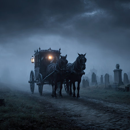 A horse-drawn carriage stands in a cemetery, enveloped by mist under a dark, cloudy sky. The scene features the carriage, two horses, and tombstones in the background. The lighting is dim, casting a mysterious ambiance. This image is suitable for various commercial uses related to history, fantasy, or themed projects.の素材