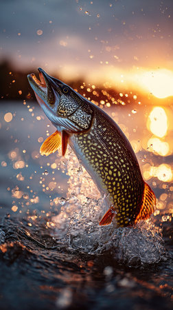 A fish leaps out of water, captured in a dynamic composition. Its speckled body and fins are detailed. The image showcases a splash of water, with an out-of-focus background. The warm tones of the sunset create a dramatic atmosphere suitable for various commercial purposes.の素材