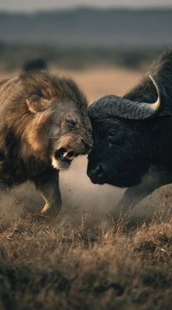 A powerful image capturing a lion and buffalo in a fierce confrontation. The scene features the animals mid-action with close proximity and an intense mood. The color palette consists of natural earthy tones with strong lighting. This image could be used for wildlife documentaries, editorial content, and various design projects.の素材