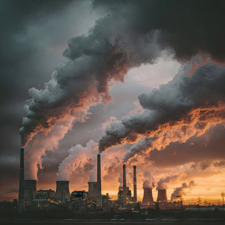 An industrial facility emits thick smoke into a heavily clouded sky during sunset. The image displays a complex arrangement of smokestacks and buildings. The composition features a palette of gray, orange, and dark hues. The scene suggests an outdoor environment, with potential uses in environmental or industrial themes.の素材