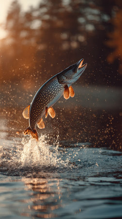 A fish leaps out of water in this image, showcasing splash and sunlight effects. The photograph displays a shallow depth of field, with soft focus in the background. The scene suggests an outdoor environment, possibly a lake or river, suitable for various editorial and commercial projects.の素材