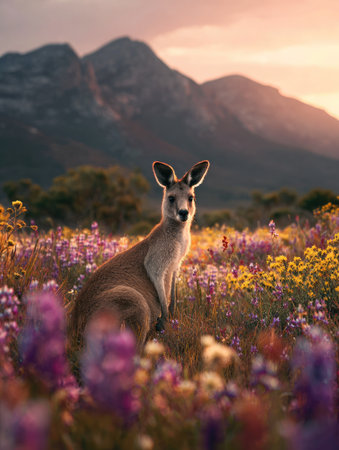 A kangaroo sits amidst a vibrant field of colorful wildflowers, its form silhouetted against the warm hues of a sunset. Mountain peaks provide a dramatic backdrop, with soft light and a shallow depth of field enhancing the natural setting. This image could be used for various commercial or editorial purposes.の素材