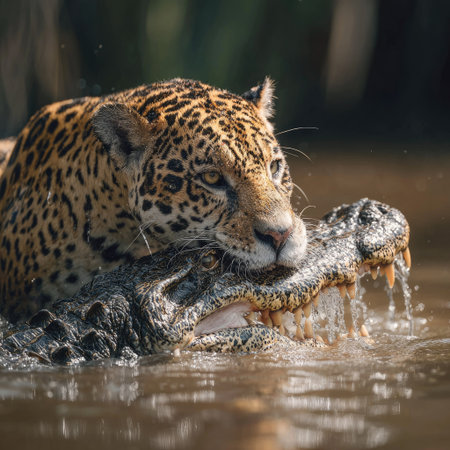 A jaguar is engaged in a predatory action, biting a crocodile in water. The scene displays a close-up perspective showcasing the animals' textures and interaction. The lighting appears natural with emphasis on details. Suitable for illustrating wildlife themes in various publications and commercial applications.の素材