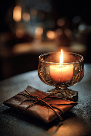 A lit candle sits in a glass holder beside a neatly wrapped package. The image highlights warm, inviting colors and textures, including the glow of the candle flame. The blurred background adds depth. Suitable for various projects, it could be used in themes of celebration, gifting, or ambiance.の素材