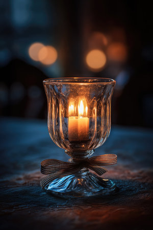 A close-up shot features a candle burning inside a clear glass holder with a decorative bow. The image highlights warm colors from the candle flame and holder, set against a dark, blurred backdrop. This composition could be used for various purposes including illustrating themes like ambiance or celebration.の素材