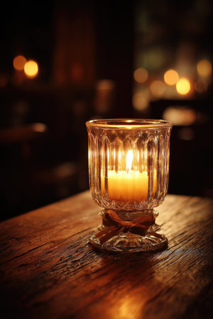A close-up captures a candle burning brightly inside a decorative glass holder. Warm light emanates from the flame, reflecting on the textured glass and surrounding wood. The composition uses shallow depth of field, with soft bokeh in the background. Suitable for illustrative or background purposes.の素材