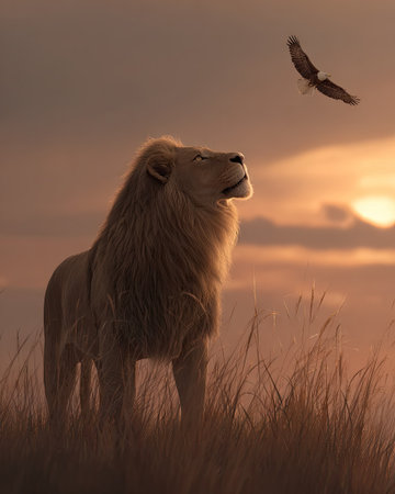 A regal lion stands in profile, looking up towards a soaring eagle, silhouetted against a warm, orange sunset. The scene highlights the animal in its natural habitat, with long grass in the foreground and a softly lit sky. This image is suitable for various commercial uses, including advertising and editorial content.の素材