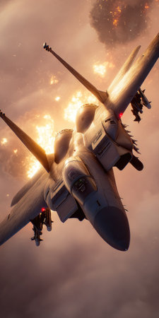 A military jet is depicted mid-flight against a dynamic backdrop of orange and red hues, possibly representing an explosion. The aircraft's metallic surface is detailed, with visual elements suggesting speed and action. This image may be suitable for illustrating concepts related to aviation, technology, or warfare in various commercial applications.の素材