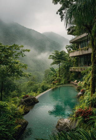 An inviting pool reflects the surrounding green landscape. The image features a modern architectural design harmonizing with a natural environment. The composition includes vibrant vegetation, sunlight, and a dreamy atmosphere. Suitable for use in travel, design, or lifestyle publications.の素材