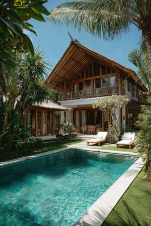 A wooden villa with a swimming pool is depicted under a clear blue sky. The scene showcases tropical foliage, creating a serene ambiance. Two lounge chairs sit poolside suggesting leisure. This image is suitable for travel, vacation, or architectural themes and can be used in various commercial applications.の素材