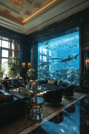 An opulent living space features a large aquarium wall filled with sharks and various marine life. The interior showcases dark wood paneling, elegant seating, and ambient lighting. The composition includes reflections and textures that evoke a sense of wealth. This image is suitable for luxury lifestyle, interior design, or commercial projects.の素材