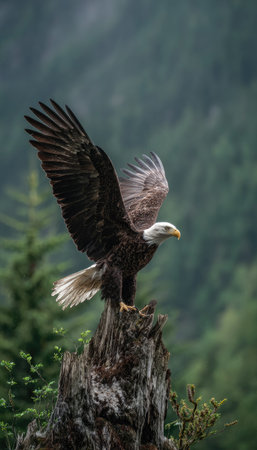 A bald eagle, predominantly white and brown, is perched atop a weathered tree stump. The bird extends its wings, showcasing a textured feather pattern. The composition is set against a blurred green backdrop of trees. This image can be used for various editorial and illustrative purposes.の素材