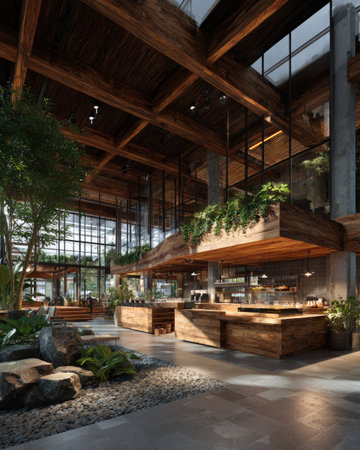 This image showcases a modern interior space dominated by wood elements and large windows. The scene features multiple wooden structures, exposed beams, and integrated plant life. The composition utilizes natural lighting and a spacious design, suitable for commercial projects or editorial use. The overall aesthetic suggests a focus on sustainable design.の素材