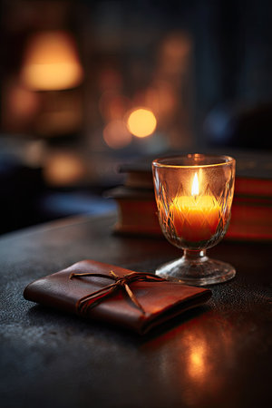 A burning candle in a decorative glass sits beside a leather bound book on a dark surface. The image exhibits warm, inviting tones with a shallow depth of field, focused on the central elements. The composition suggests an intimate, indoor setting, suitable for various editorial and commercial applications.の素材