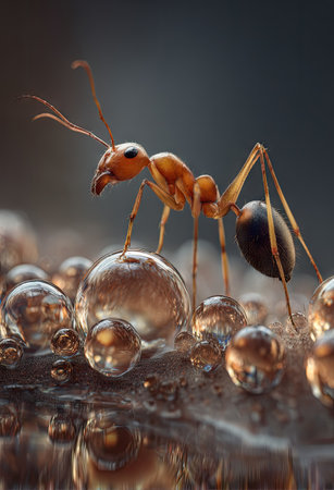 An image showcases a detailed view of an ant, positioned amidst numerous water droplets. The composition uses macro photography to highlight the insect's structure and the reflective quality of the droplets. The lighting creates highlights and shadows, emphasizing textures and the surrounding environment, suitable for various editorial and commercial applications.の素材