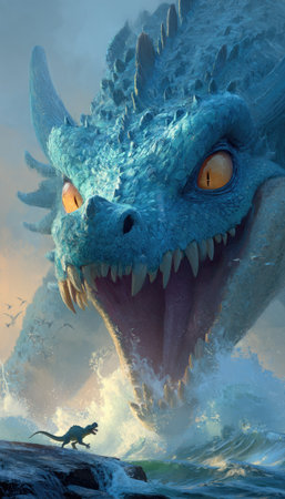 A large, mythical dragon with blue scales dominates the scene, emerging from turbulent waters under a sunset sky. The artwork showcases detailed textures and vibrant colors. The composition depicts a dramatic confrontation. Suitable for fantasy illustrations, book covers, or creative advertising campaigns, it presents a theme of adventure and peril.の素材