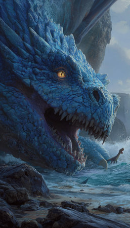 A close-up view presents a blue dragon with open mouth, displaying scales and textured skin. The artwork highlights the mythical creature's eye detail. It is set against a coastal backdrop with water. Suitable for fantasy illustrations, digital art projects, or editorial content related to mythology and storytelling.の素材