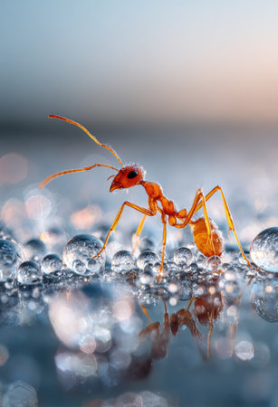An ant is showcased in a macro shot, its orange body highlighted against a backdrop of water droplets. The image emphasizes the details and textures, with soft focus creating a blurred effect. The composition suggests an outdoor environment, possibly utilized in scientific or illustrative contexts. The image could be suitable for various editorial and commercial applications.の素材
