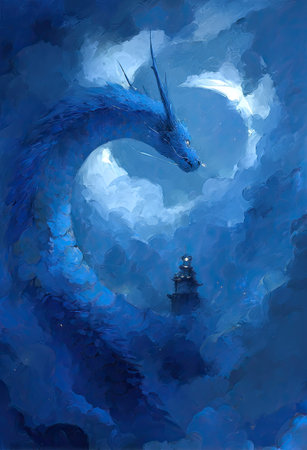 An illustration depicts a large, blue dragon emerging from swirling clouds. The artwork showcases a digital painting style with a monochromatic blue color scheme and soft textures. The dragon is the central figure, with a small structure below. This image could be used in various commercial or editorial projects, as well as websites.の素材
