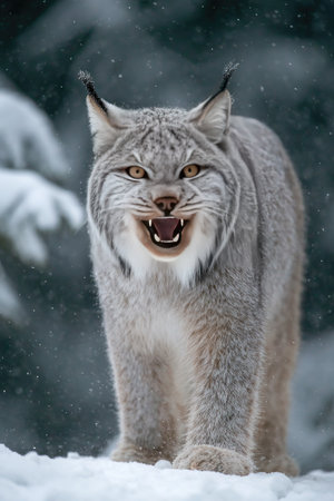 A lynx stands in a snowy environment, exhibiting an open-mouthed expression. The animal displays a light grey coat with black spots. The lighting suggests an overcast day. This image is suitable for various commercial applications, including editorial and marketing material.の素材