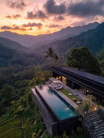 An aerial view presents a contemporary villa with a long swimming pool, positioned to capture panoramic views of a lush valley. The scene is illuminated by the warm hues of a sunset, highlighting the textures of the mountains. This image could be suitable for travel, architecture, or lifestyle content.の素材
