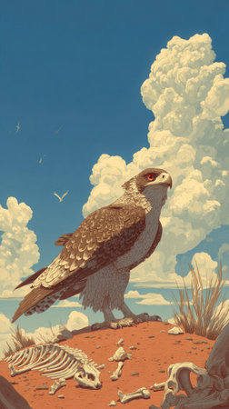 An illustration depicts a bird of prey perched on a hilltop, set against a backdrop of a vibrant blue sky with fluffy white clouds. The artwork features warm earth tones, detailed textures, and dynamic composition. Suitable for various creative projects, including editorial content and design resources.の素材