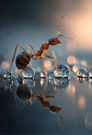 An ant is captured in a macro shot, standing on water droplets with its reflection clearly visible. The image features a shallow depth of field, with soft focus on the background. Warm light filters through, highlighting the insect's form and texture. The photograph is suitable for various illustrative applications.の素材