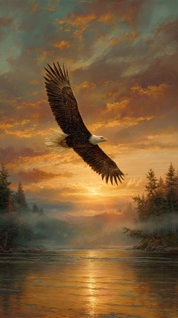 An eagle flies gracefully above a tranquil river during sunset. The image displays warm colors, showcasing the bird with outstretched wings. The composition includes trees and a body of water, bathed in soft light. This image could be suitable for various commercial or editorial applications.の素材