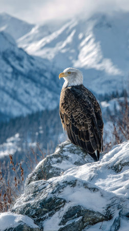 A bald eagle stands tall on a snow-covered rock, its gaze directed towards the right. The image displays the bird in profile, showcasing its white head and brown body. A blurred mountain range forms the backdrop. The lighting creates a sense of depth. This photo could be used for various editorial or commercial projects.の素材