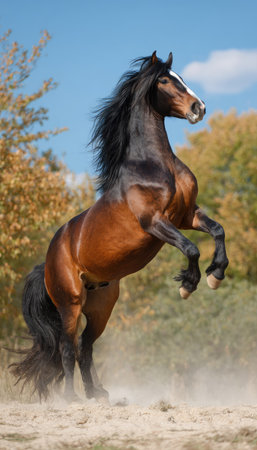 A stunning bay horse rears gracefully, showcasing its muscular physique against a blurred natural setting. The image displays a well-lit composition with warm tones, possibly during daytime. It can be used for various commercial purposes, including advertising, editorial content, and website design.の素材