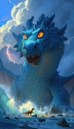 A striking illustration depicts a colossal blue dragon rising from turbulent ocean waves, framed by a stormy sky and lightning flashes. The dragon's scales and features are intricately detailed. The image employs dynamic composition and dramatic lighting to create a sense of power and fantasy, suitable for various editorial and commercial projects.の素材