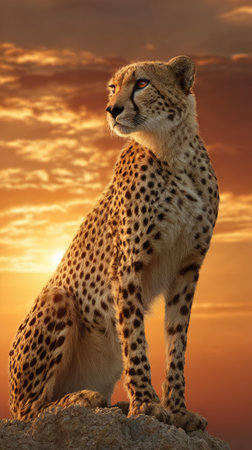 A cheetah sits alertly, its spotted fur contrasting against a vibrant orange and yellow sunset. The lighting highlights the animal's form and posture. The image suggests an outdoor, natural environment, possibly Africa, suitable for wildlife documentaries, editorial content, and various commercial applications.の素材