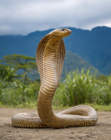 A detailed image of a cobra snake, erect and displaying its hood. The snake exhibits a pattern of brown and beige scales, with a textured surface. The composition showcases the snake in an outdoor environment, with green foliage and mountains in the background. Suitable for illustrative or commercial projects.の素材