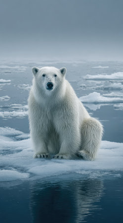 A large polar bear is centered, resting on a flat ice floe. The scene features cool blue and white tones with a soft, diffused light. The textured ice contrasts with the bear's fluffy white fur. The setting implies a vast, cold environment suitable for various commercial uses.の素材