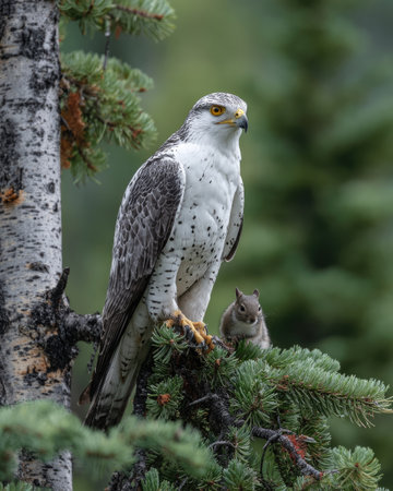 An avian predator, likely a hawk or falcon, is perched on a branch in a natural setting, showcasing a blend of white, gray, and brown feathers. The bird is accompanied by a small rodent. The image displays a soft, diffused lighting, typical of a daytime outdoor environment, and can be used for various commercial or editorial applications.の素材