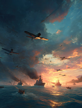Aircrafts soar across a colorful sky above the ocean, with battleships visible on the water's surface. The composition features dynamic lighting effects and textures, with a vivid color palette of blues, oranges, and yellows. This visual can be suitable for editorial and commercial applications.の素材
