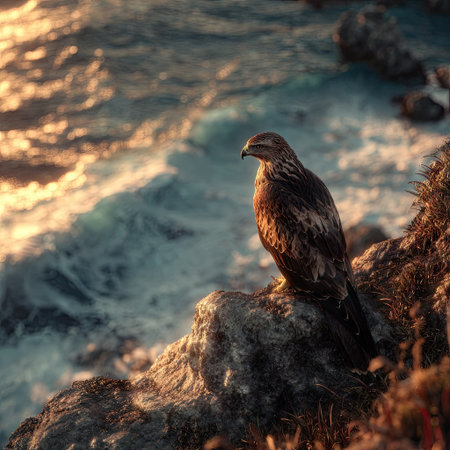 A hawk is perched on a rocky cliff, gazing out at the ocean. The scene is bathed in golden light, suggesting sunrise or sunset. The image displays a detailed composition with water movement and textured rocks, potentially suitable for nature publications or advertising campaigns.の素材