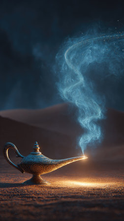 A detailed image showcases a golden lamp expelling blue smoke against a dimly lit backdrop. The lamp is a central element, its form meticulously rendered with textures. Wisps of smoke are illuminated, suggesting an ethereal or mystical setting. This visual concept is applicable for promotional material, design, and fantasy-themed projects.の素材