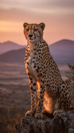 A cheetah sits atop a rocky outcrop, observing its surroundings as the sun sets. The image showcases the animal's spotted coat and muscular physique. Soft, warm light bathes the scene. It could be used in projects about wildlife, nature, or conservation.の素材