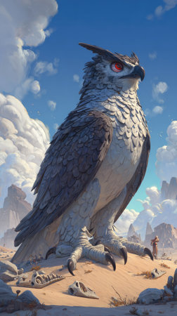 An owl is showcased in a digital illustration, primarily featuring shades of grey and brown against a backdrop of a bright blue sky with fluffy white clouds. The artwork employs detailed textures and soft lighting to enhance the bird's feathers and environment. Suitable for a variety of projects, it offers potential for commercial and editorial uses.の素材