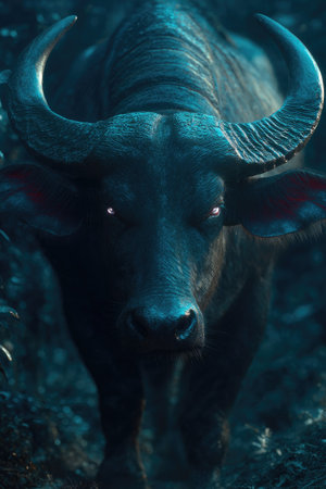 A close-up captures a water buffalo with impressive horns, its dark hide contrasting against a blurred background. The image displays a cool color palette with dramatic lighting, possibly captured in a jungle or forest environment. Suitable for editorial purposes or use in projects related to wildlife or nature.の素材