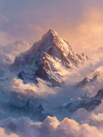 A stunning visual of a snow-covered mountain peak emerges from fluffy, pastel-colored clouds. The image captures the warmth of sunlight illuminating the mountain's features. This landscape could be used in various commercial or editorial contexts to evoke wonder and tranquility.の素材