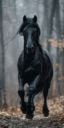 A striking black horse strides powerfully forward in a forest. The image captures the animal's movement and elegant form. The scene features natural lighting and a blurred background. Suitable for various applications, including advertising and editorial content, this image conveys strength and freedom.の素材