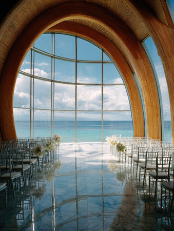 This image presents a contemporary chapel interior, featuring a vast arched window offering an unobstructed view of the ocean. The interior displays a minimalist design with reflective flooring and rows of chairs. Natural light floods the space. This photograph is suitable for commercial uses related to architecture, travel, and lifestyle.の素材