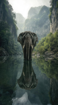 An elephant stands in a body of water, reflecting its form. The image shows a serene composition with an elephant as the central figure. The color palette includes greens and grays, which evoke a sense of calm. This image may be suitable for editorial and commercial applications.の素材